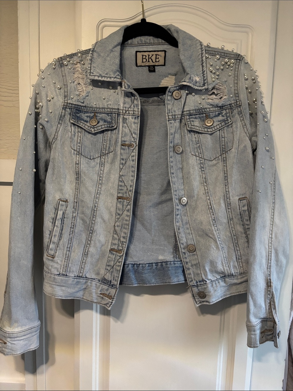 BKE Light Blue Denim Jacket with Pearl Studs